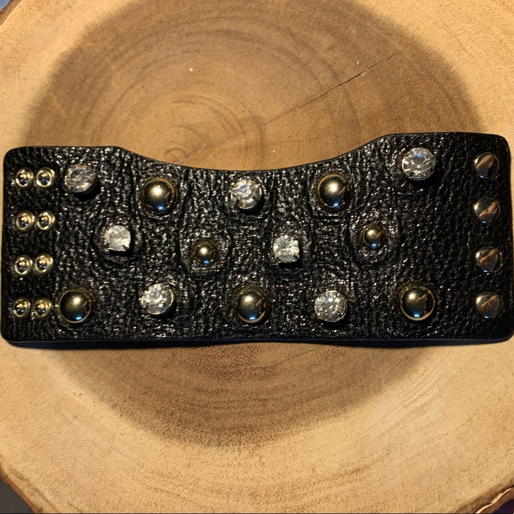 NWOT Guess Black Genuine Leather Cuff Bracelet w Gold Studs & CZ Rhinestones